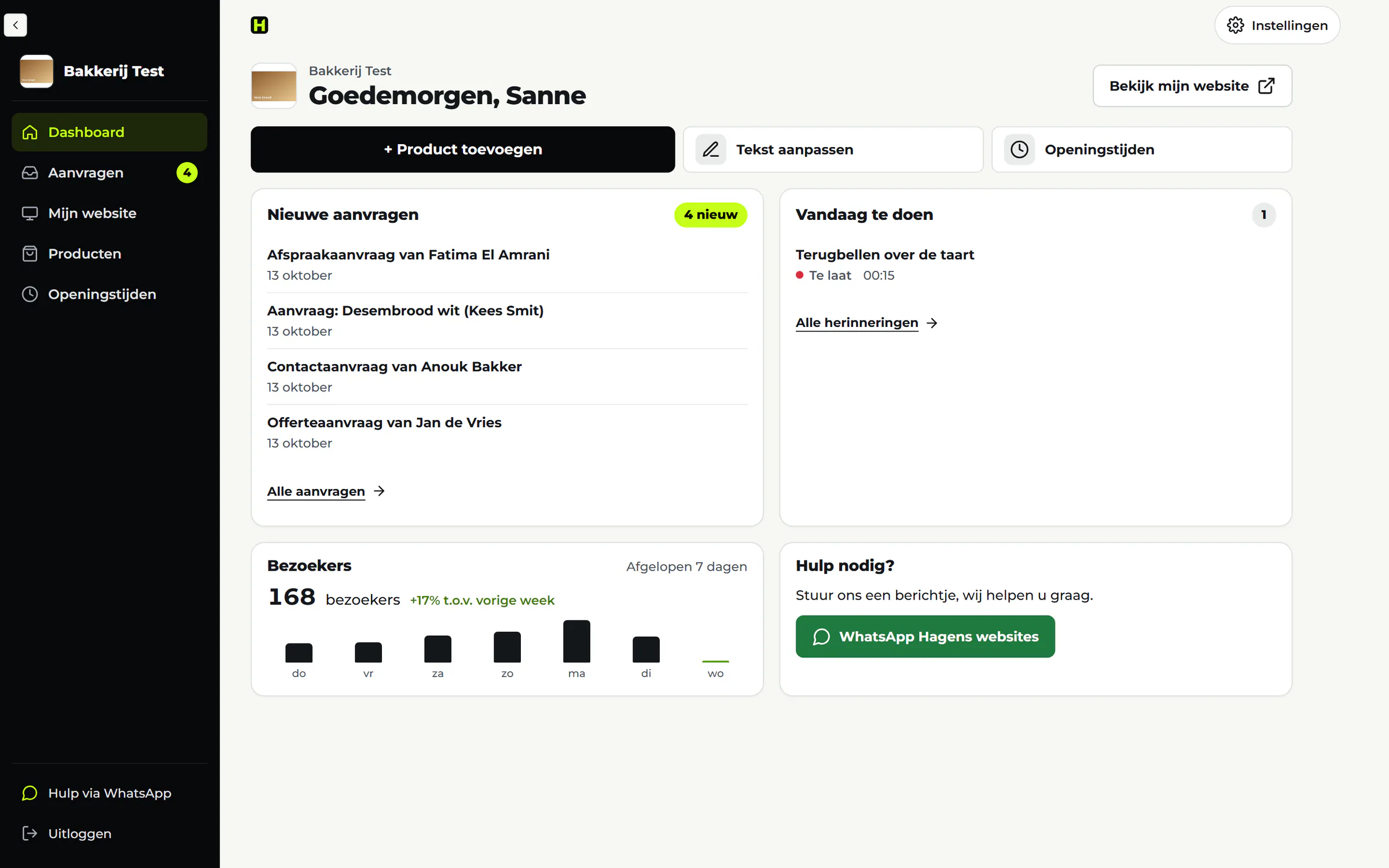 Schermafbeelding van het dashboard op een laptop, voor de voorbeeldbakkerij Bakkerij Test. Links het menu met Dashboard, Aanvragen, Mijn website, Producten en Openingstijden. Rechts vier nieuwe aanvragen, een herinnering voor vandaag en het aantal bezoekers van de afgelopen week.